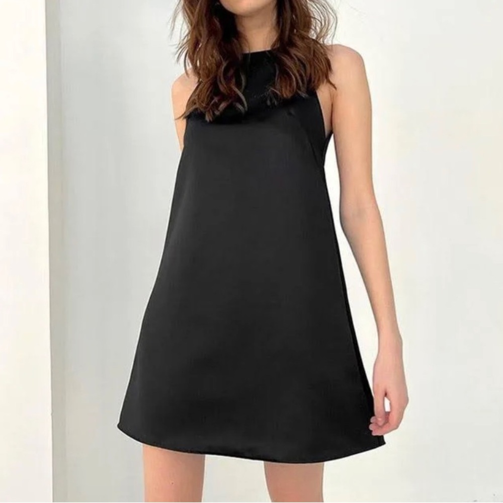 High Neck Black Satin Mini Swing Dress
